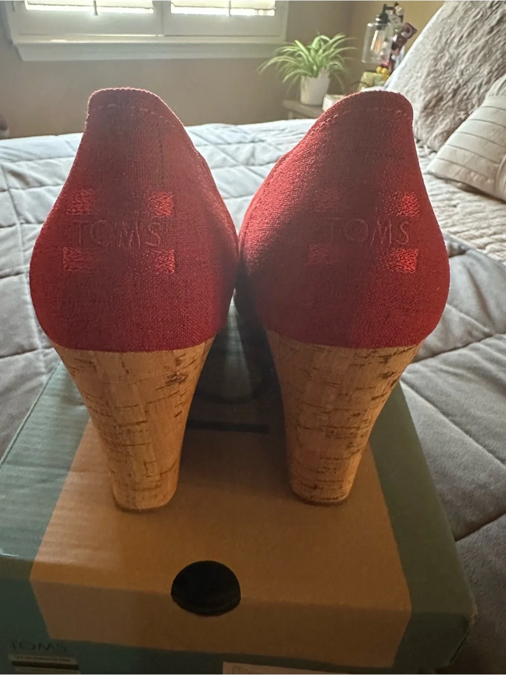 TOMS Red Open-Toe Cork Wedge Sandals